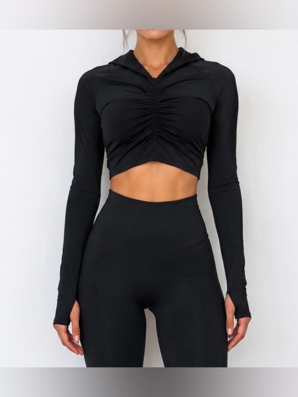 Let’s Gym Black Ruched Hooded Women’s Long-Sleeve Crop Top, Medium Like New
